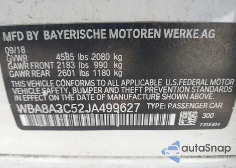 2018 BMW 320I xDrive from USA, damaged, VIN WBA8A3C52JA499627